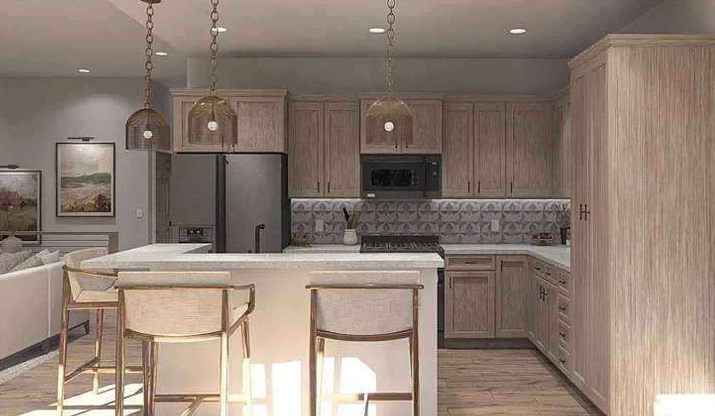 Kitchen rendering with oak cabinetry, patterned tile backsplash, and island seating