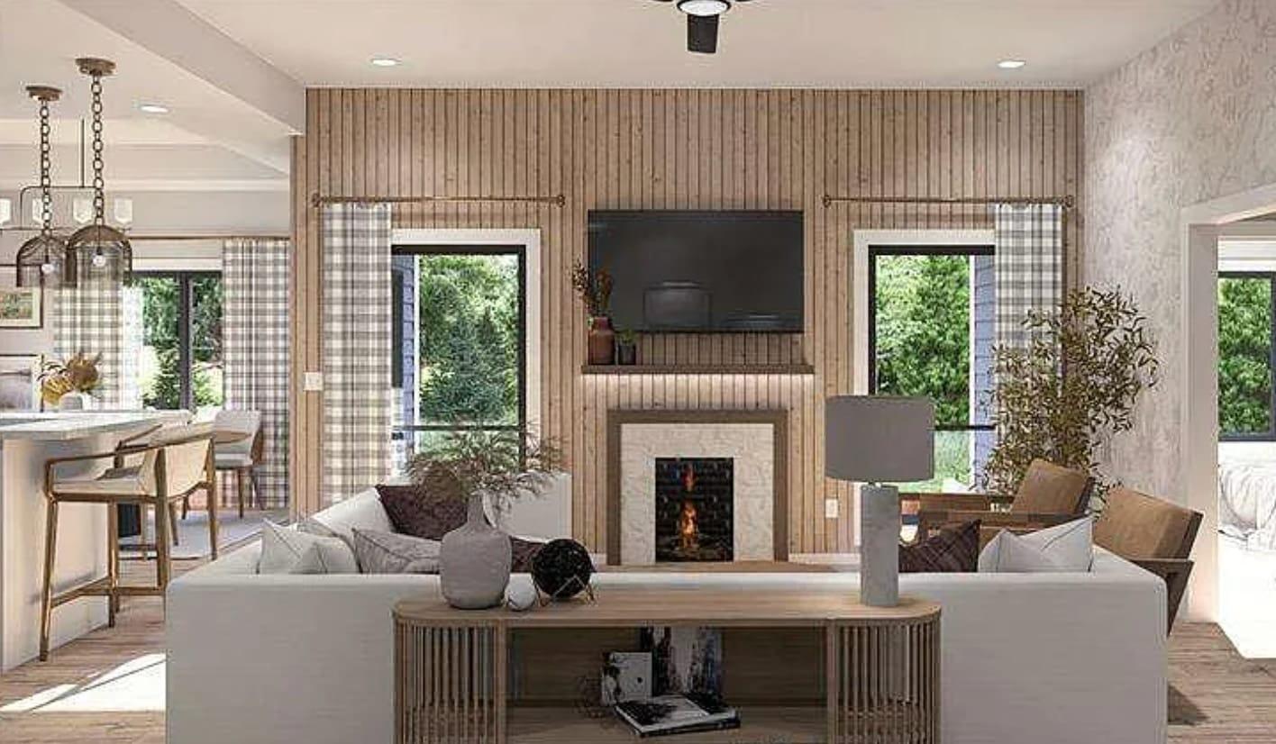 Living room rendering with paneled fireplace wall and plaid draperies