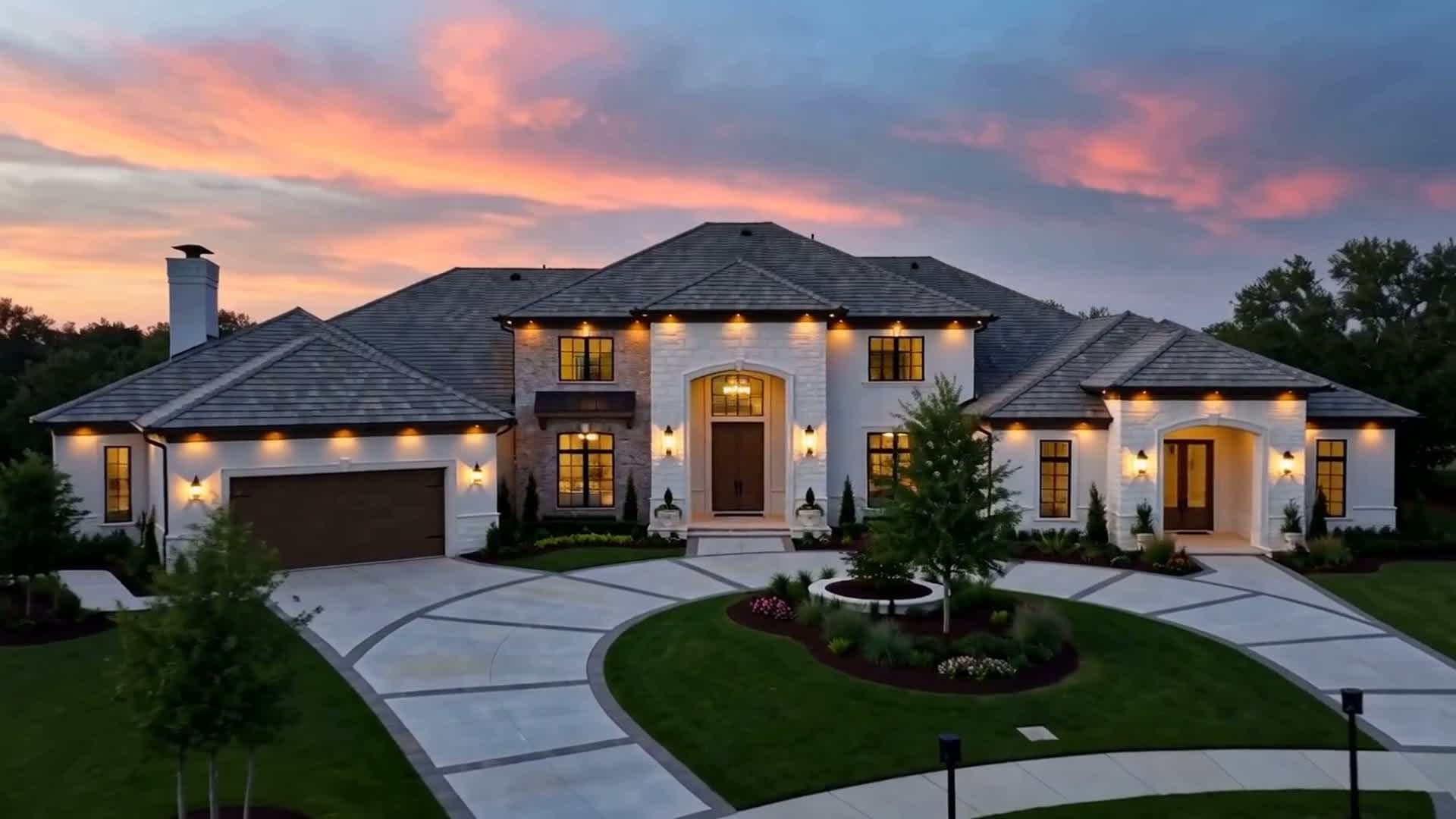 Limestone custom residence at dusk with a landscaped circular drive