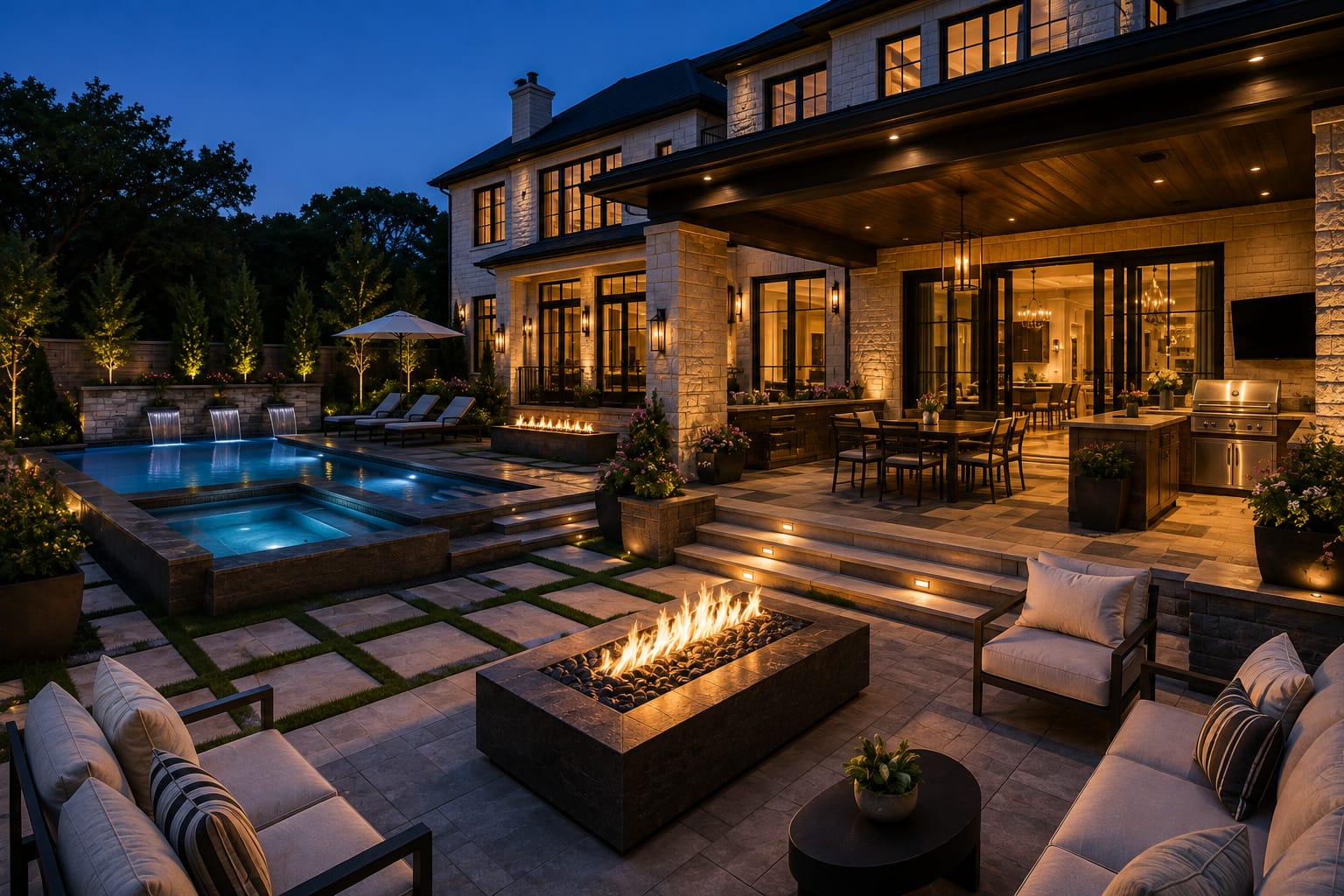 Outdoor living terrace with fire feature and pool at dusk